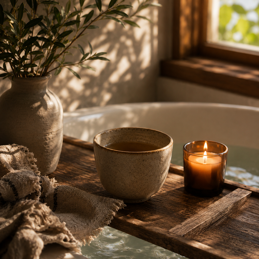 Tray over bathtub with a cup of tea, candle, and moody lighting