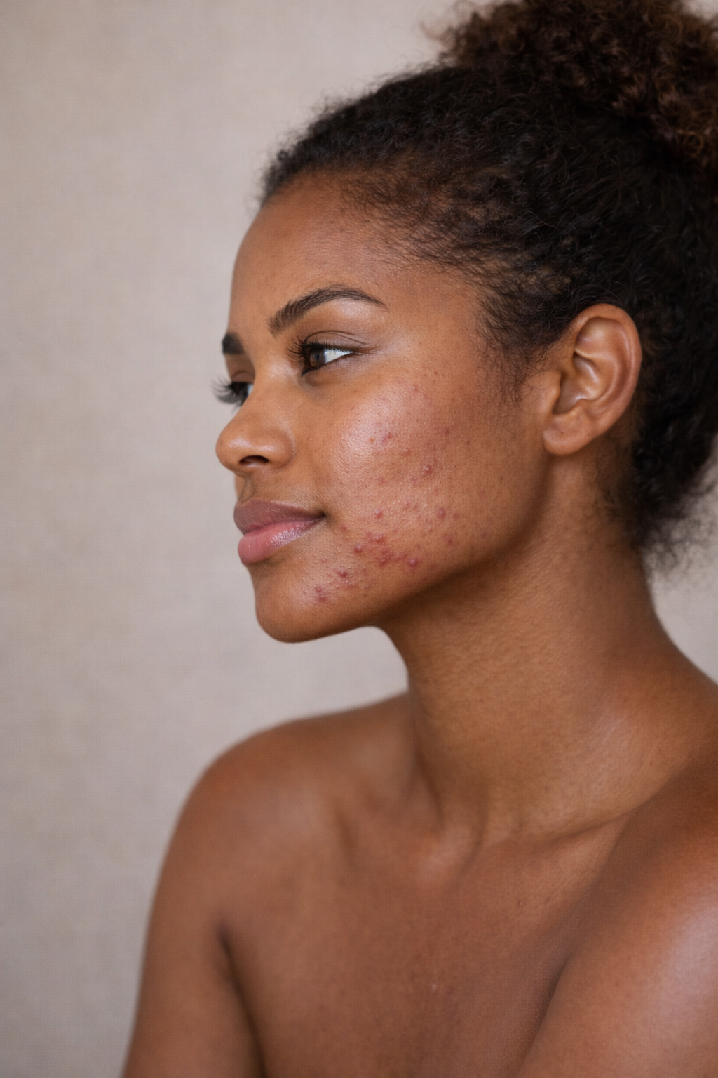 Woman with hormonal acne on chin looking away from camera