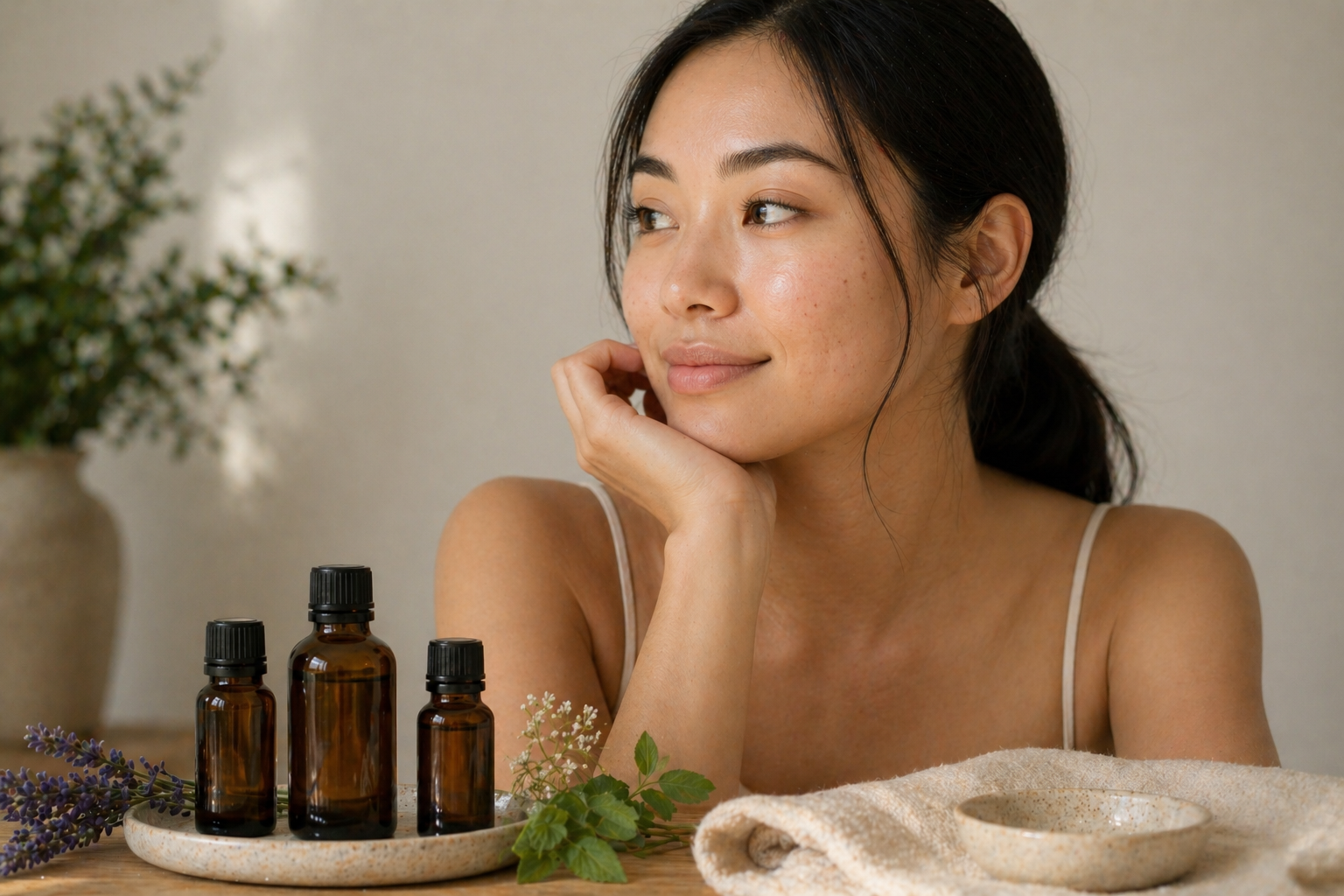 Woman with acne prone skin looking away and three brown bottles in foreground.