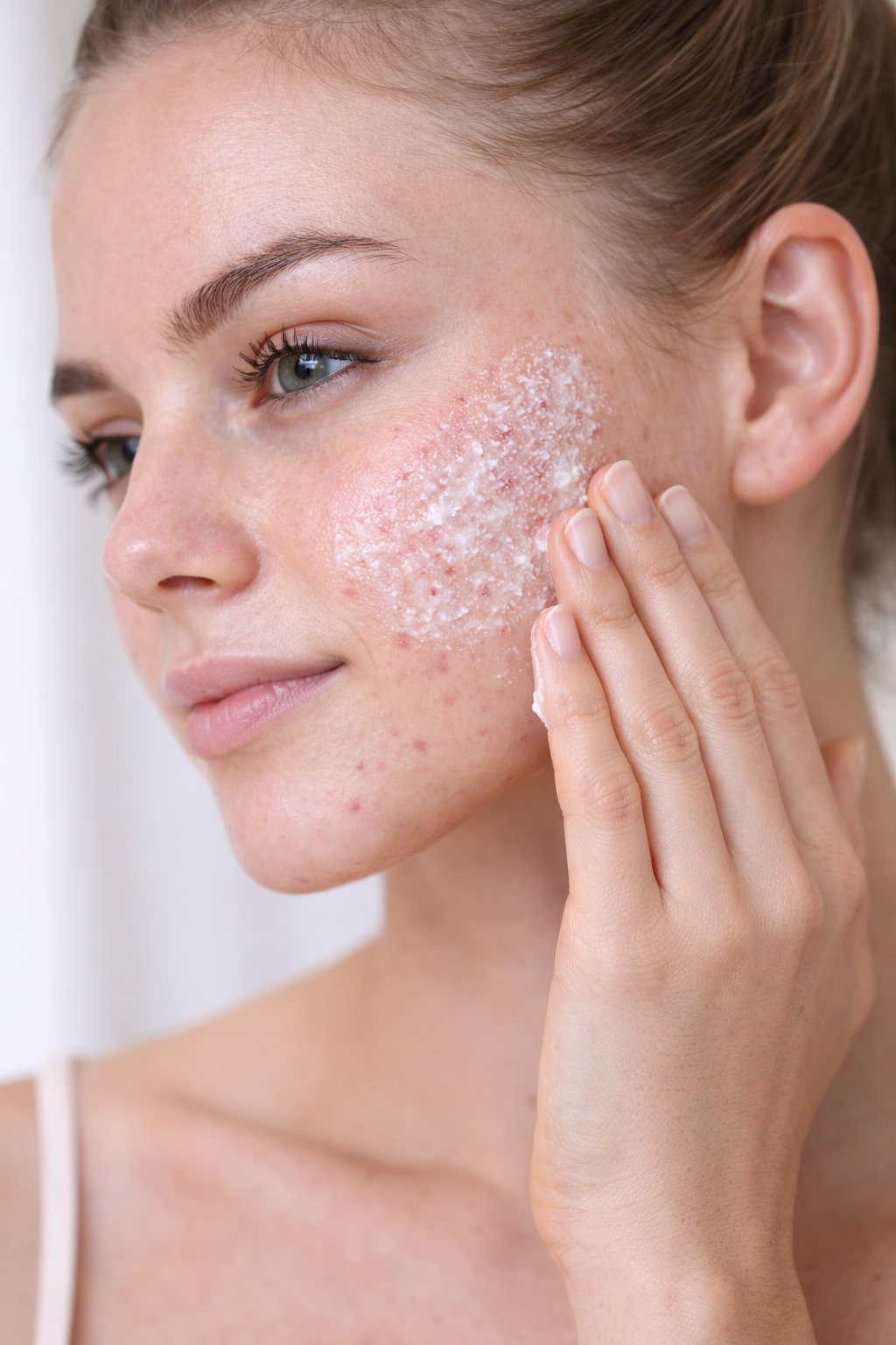 Woman with acne prone skin exfoliating