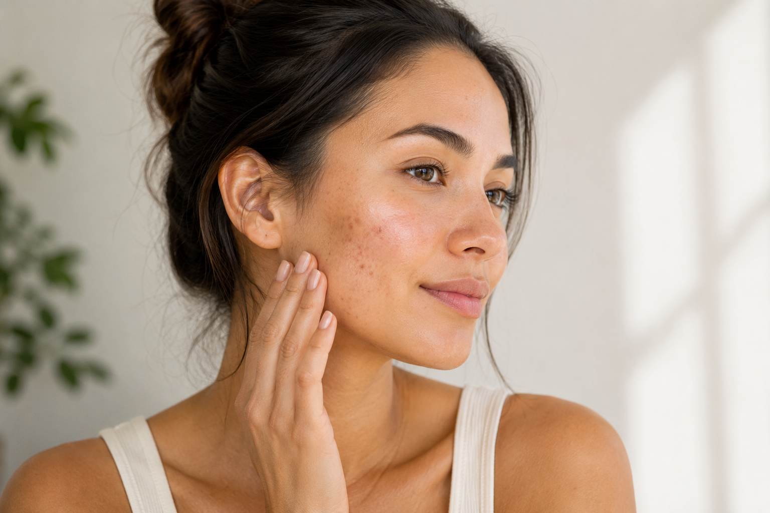 Woman with dark hair with hand on face and acne scarring