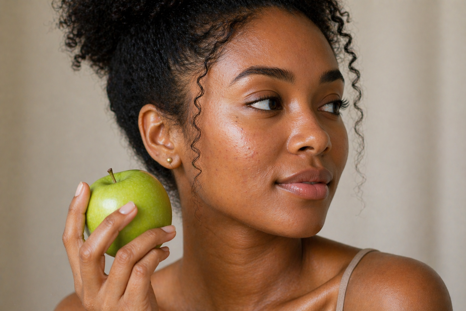 Woman with acne prone skin holding a green apple in her hand.