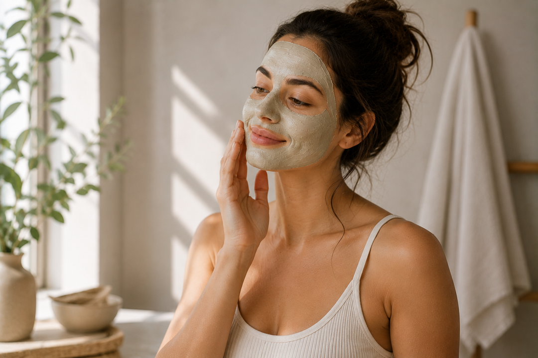 Brunette Woman with hair up with green face mask on her skin.