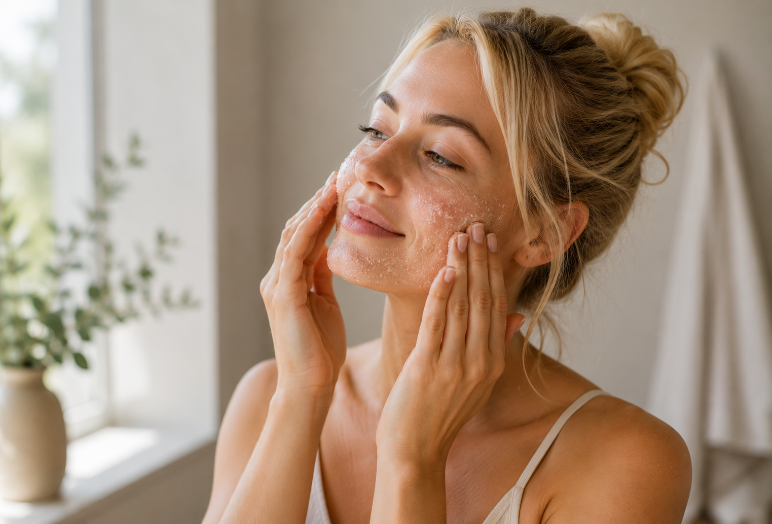 Blond Woman exfoliating her face with both hands.