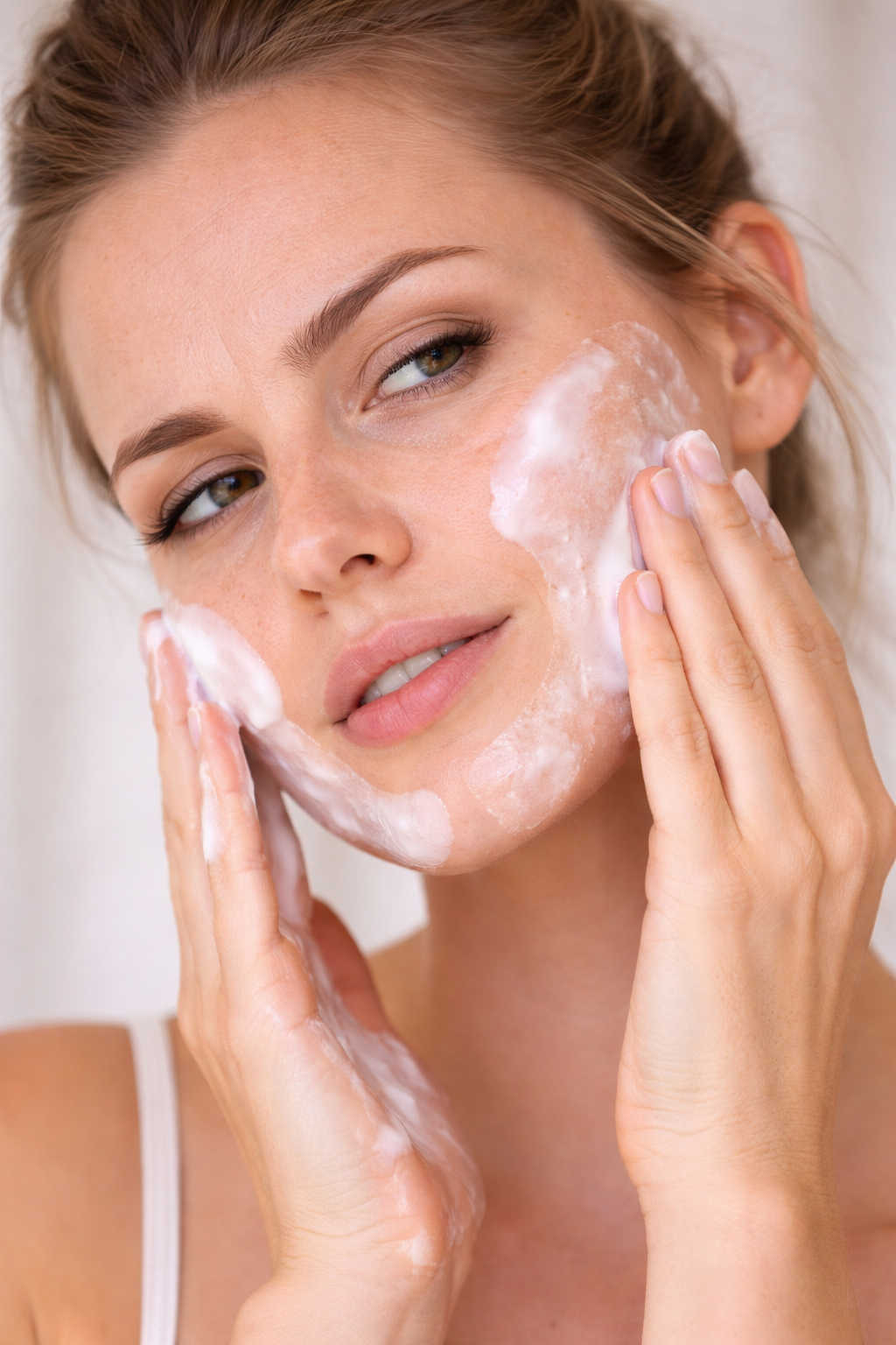 Woman cleansing her face with creamy cleanser