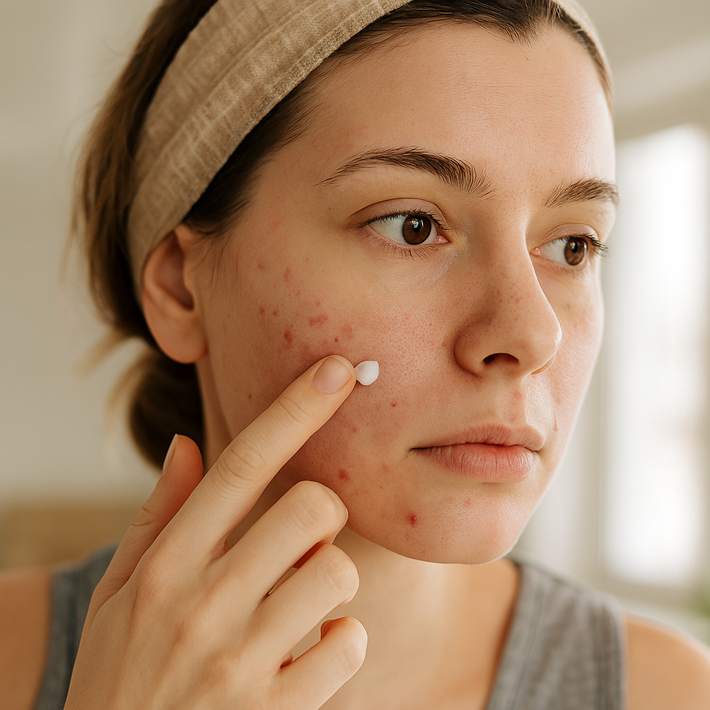 Woman applying acne treatment cream