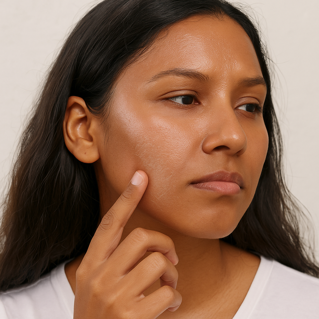 Woman touching her oily skin