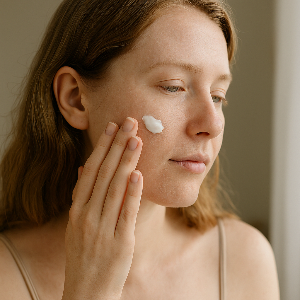 Woman applying face cream to dry skin