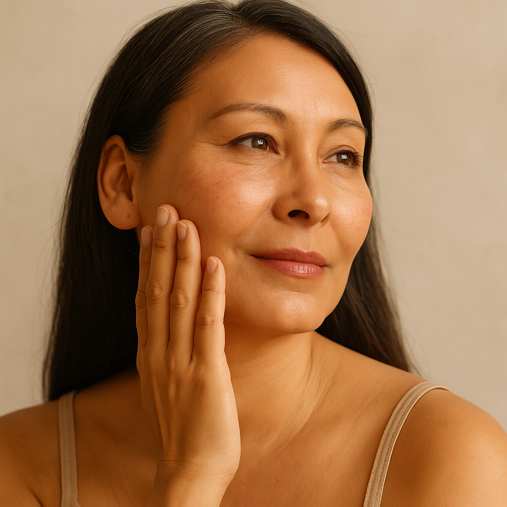 Mature woman with aging skin touching her face