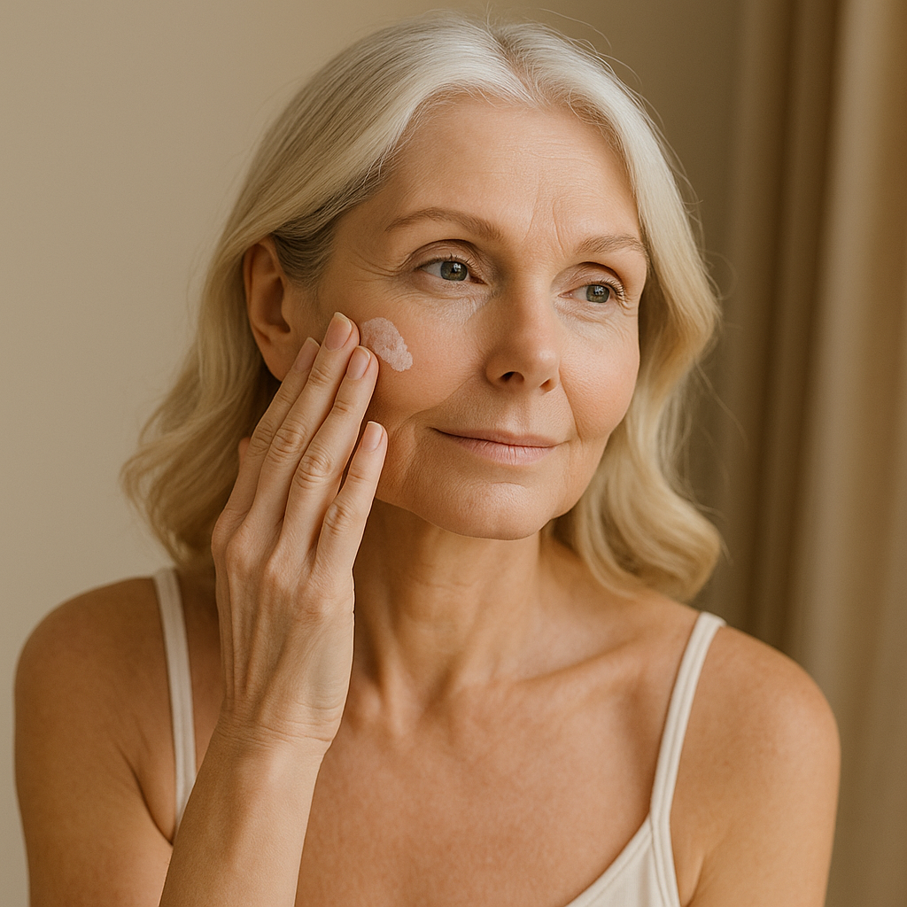 Mature woman with aging skin applying face cream