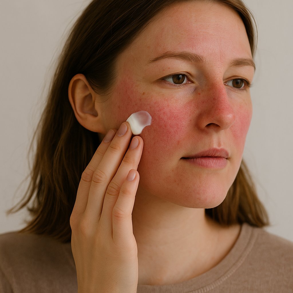 woman applying face cream to redness-prone skin