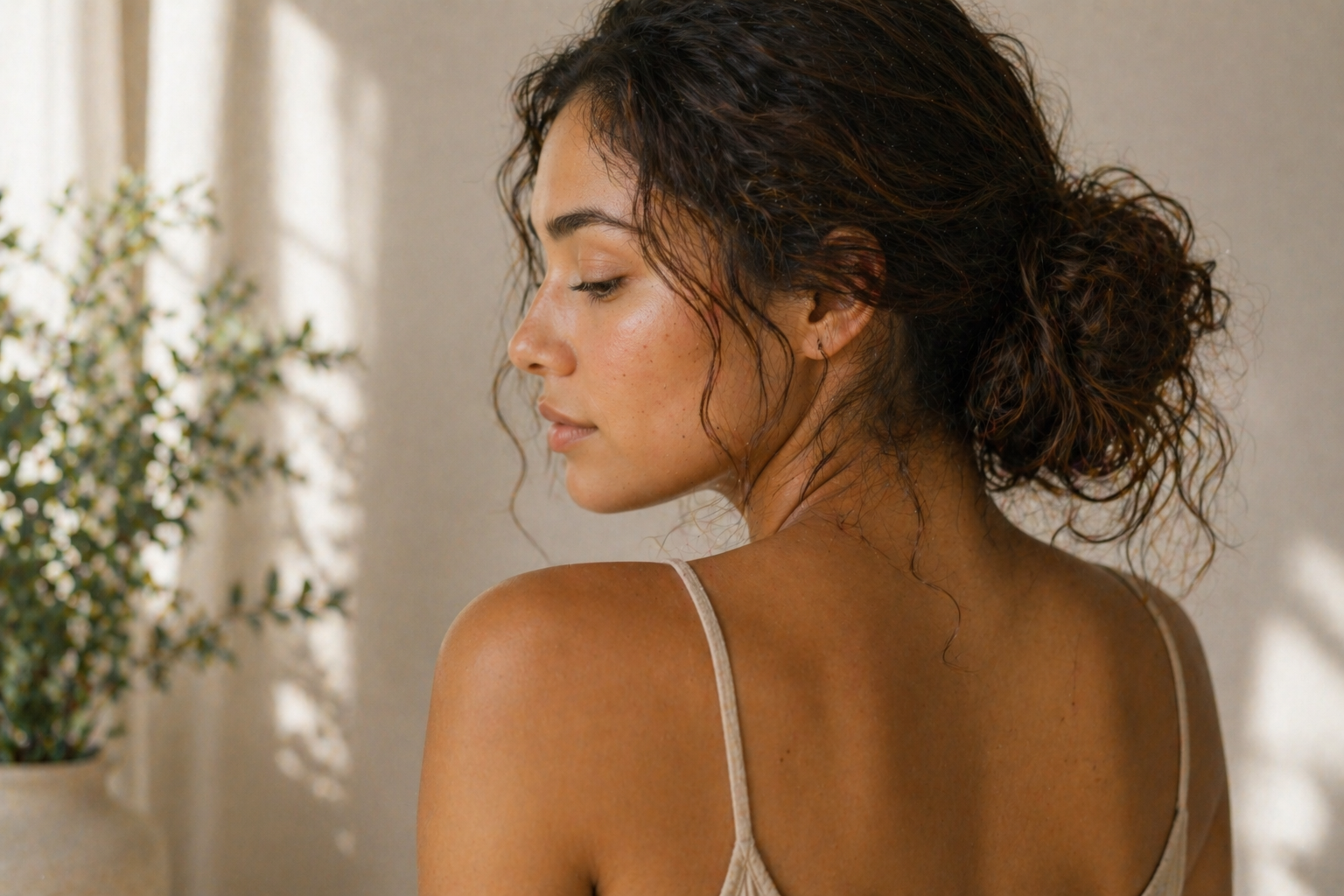 Woman with combination skin looking over shoulder in profile 