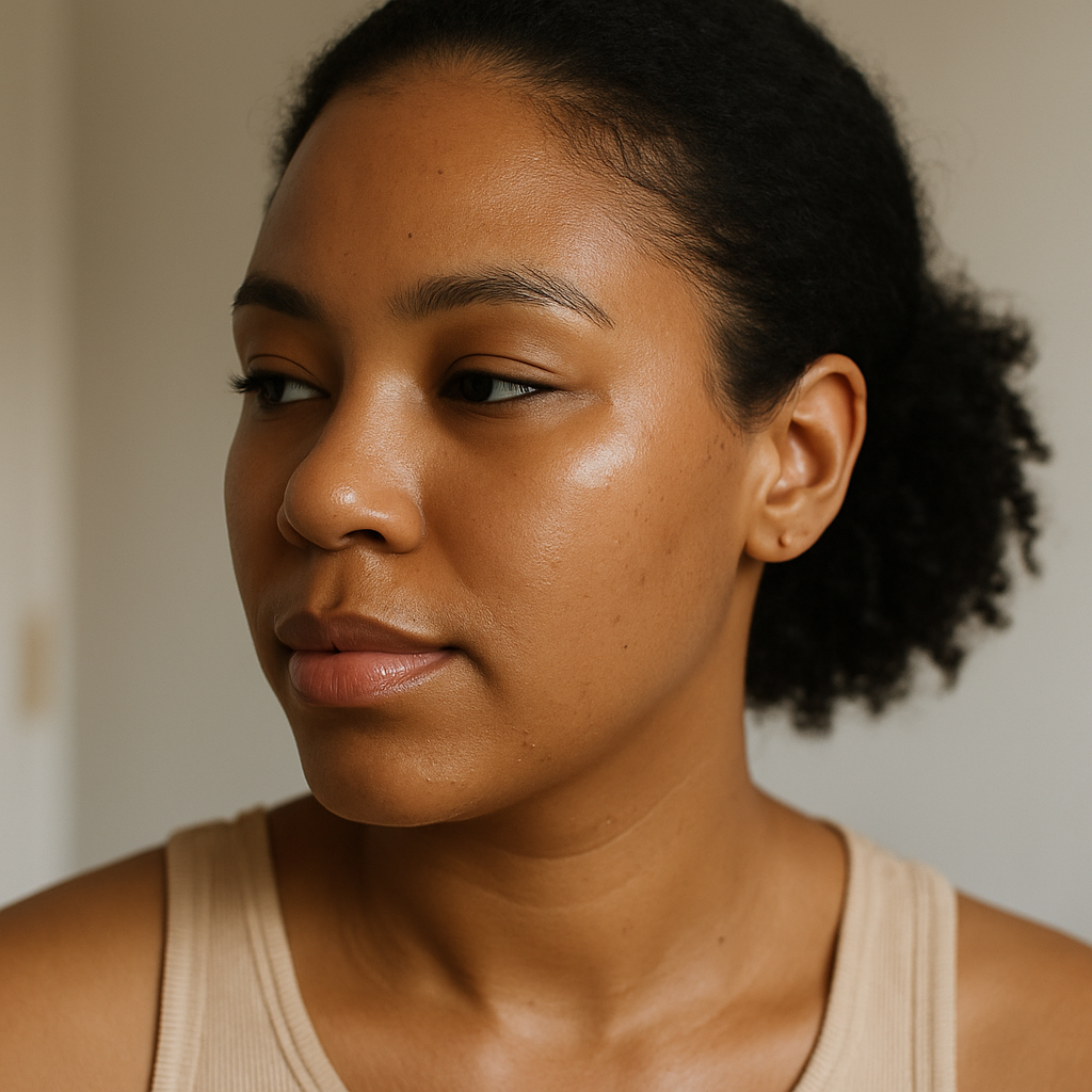 Black woman with hair pulled back and combination skin type