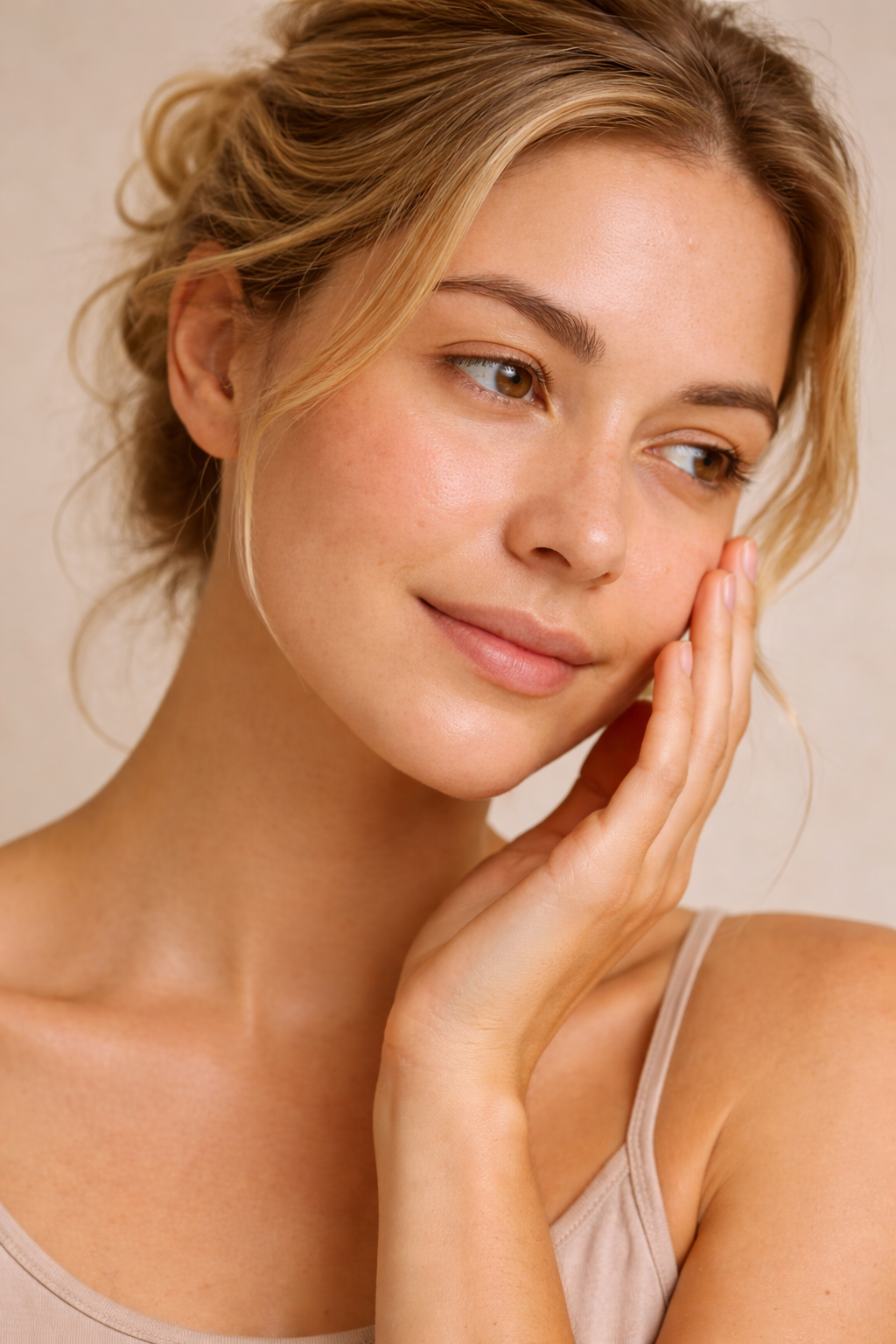 Blond Woman with dry skin with hand on face gazing softly.