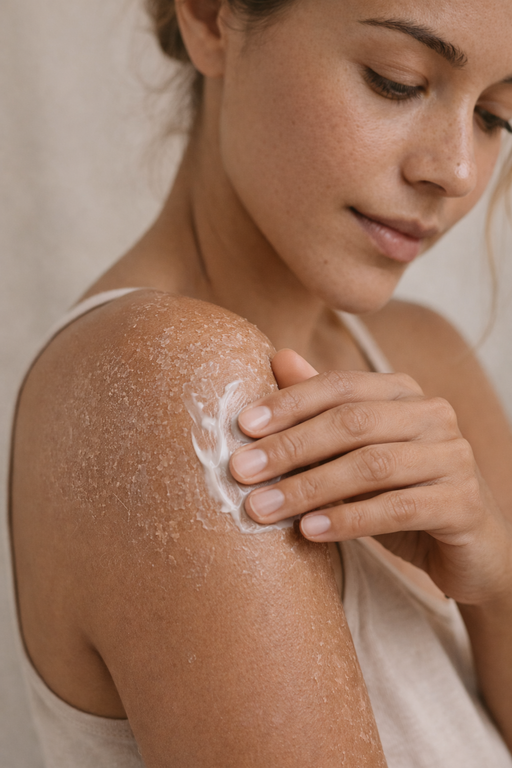 Woman moisturizing her dry skin