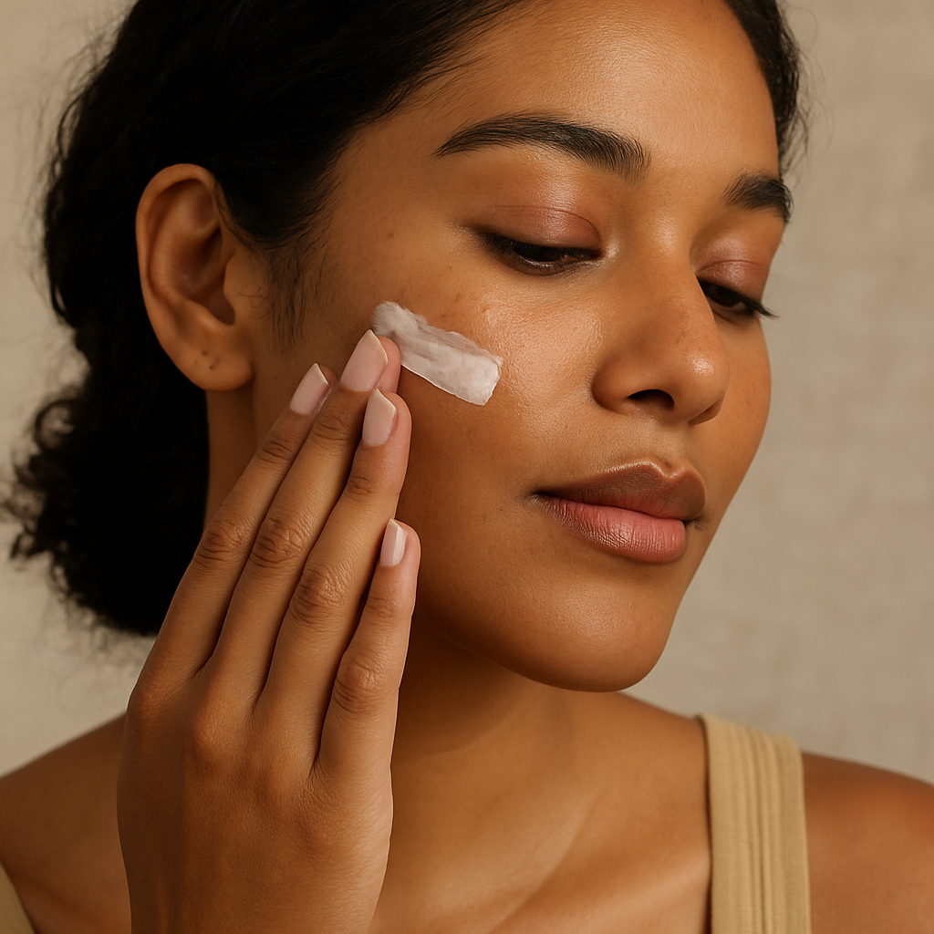 Woman with darker hair and skin applying moisturizer to face.