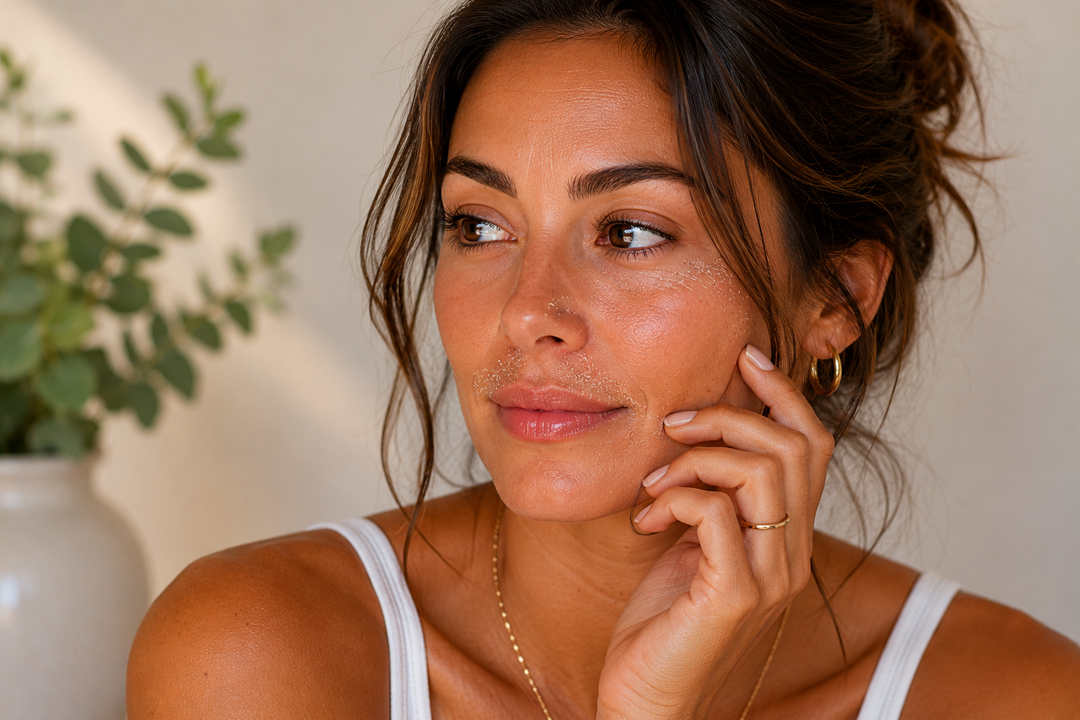 brunette woman with dry skin around eyes, mouth, nose