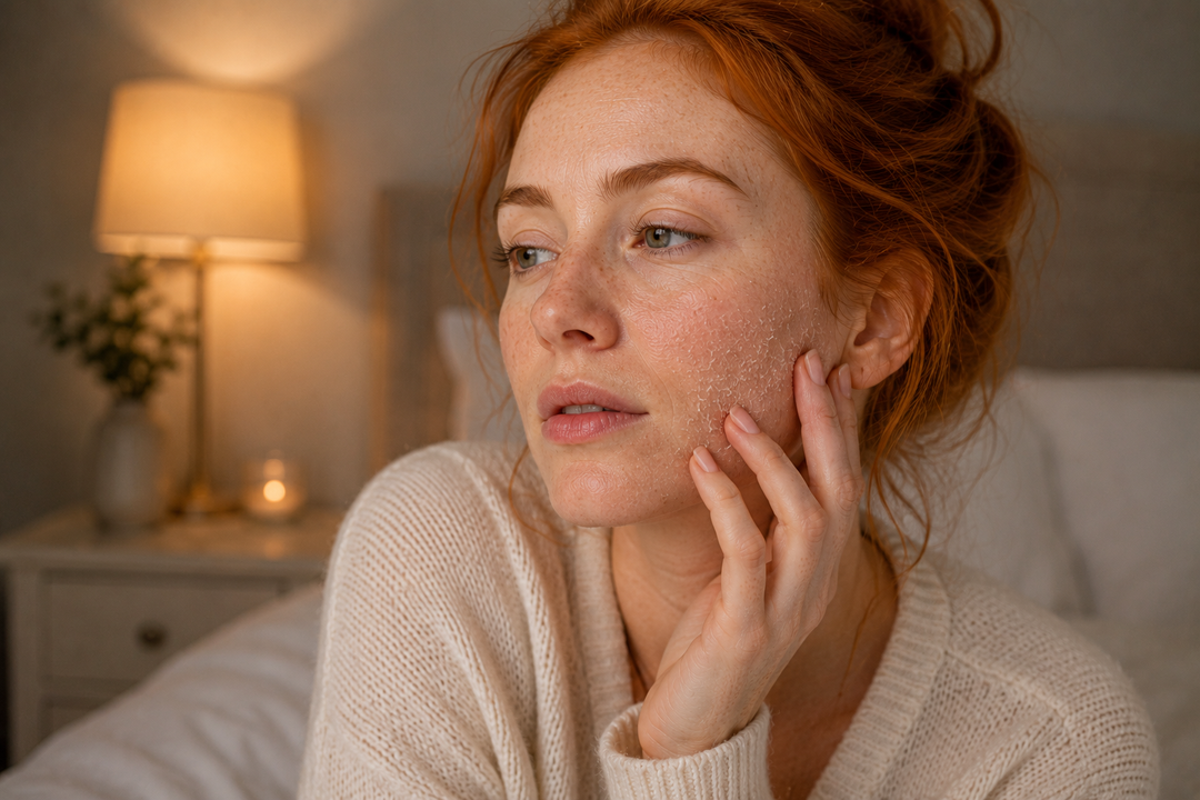 red haired woman with dry skin in bedroom at night