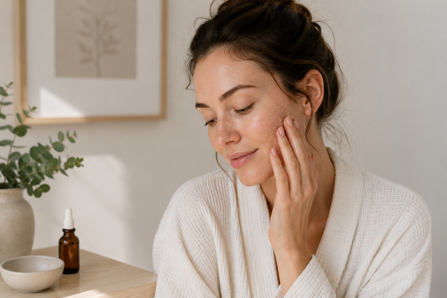 Brunette woman in bathrobe exfoliating dry skin on her face
