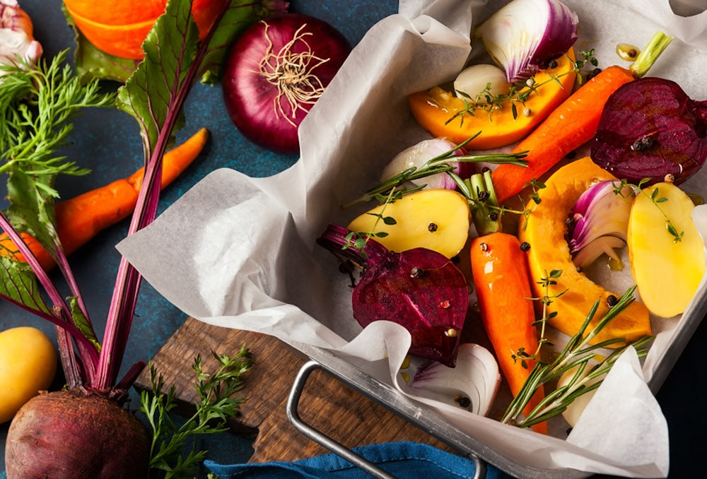 Abundance of Fall veggies in roasting tray