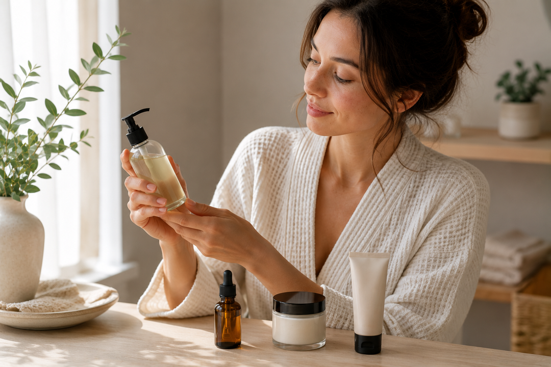 Woman in bathrobe sitting at counter holding skincare products.