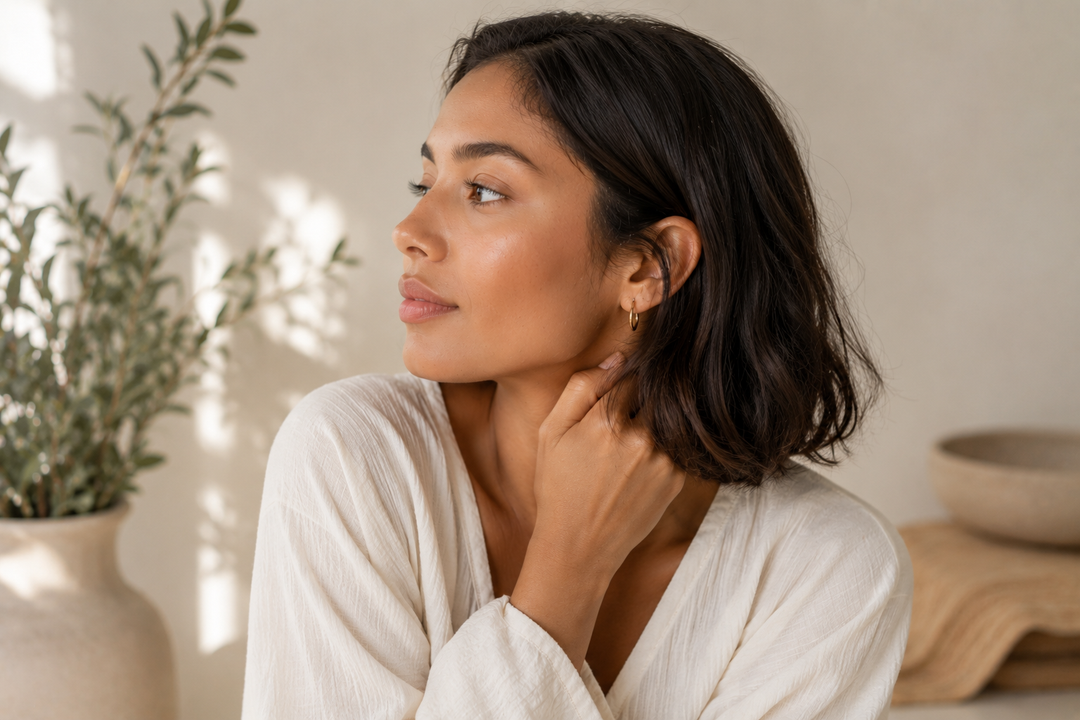 Woman with dark short hair and sensitive skin looking away. 