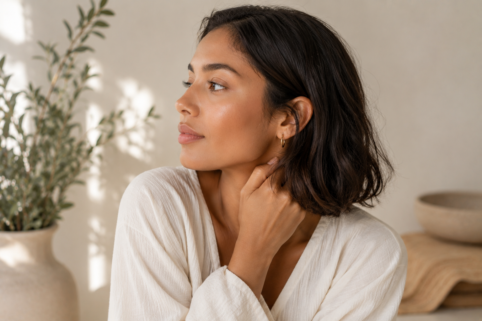 Woman with dark short hair and sensitive skin looking away. 