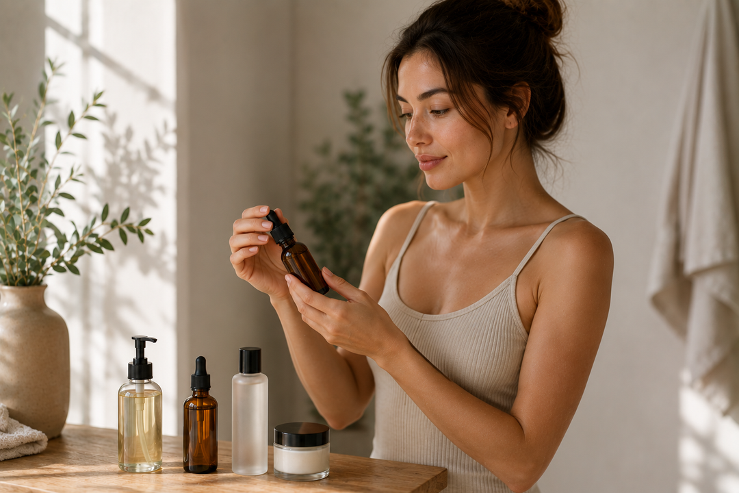 Woman with dark hair holding skincare bottle with other skincare products on table.