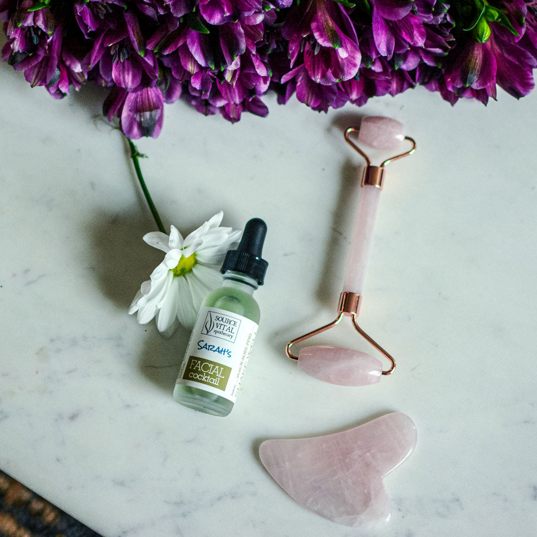 Rose Quartz Gua Sha and Facial Roller Duo with Custom Facial Cocktail