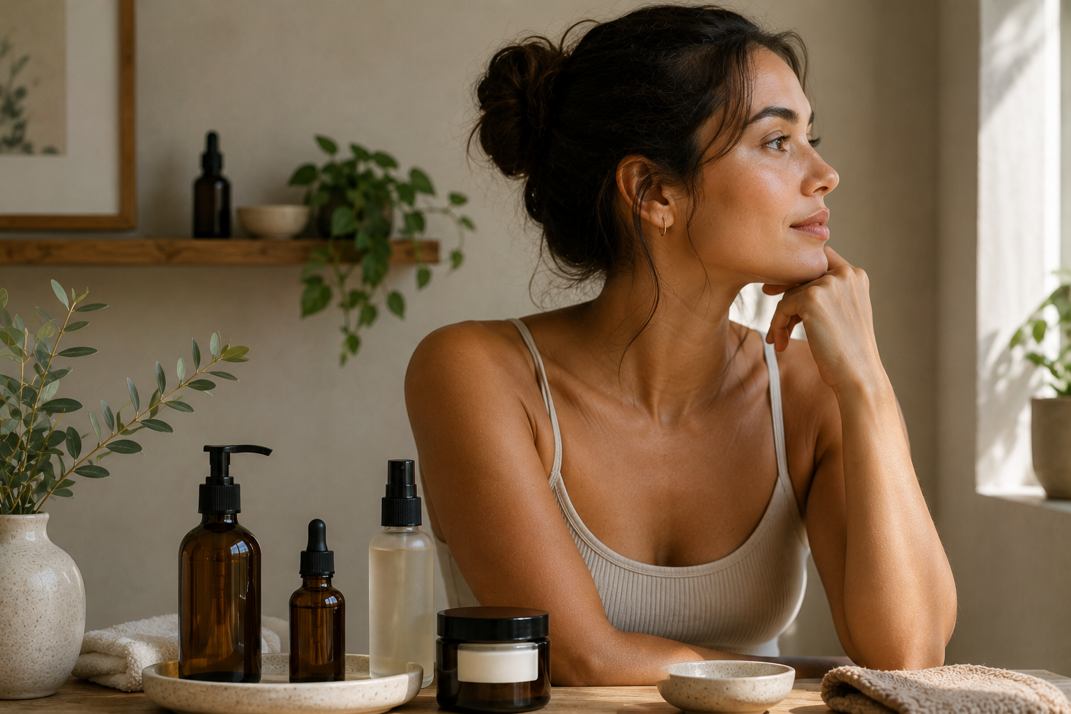 Hispanic Woman looking out the window with greenery and products surrounding her.