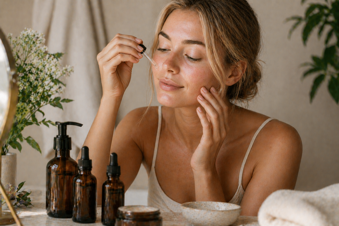 Woman applying skincare routine to her face
