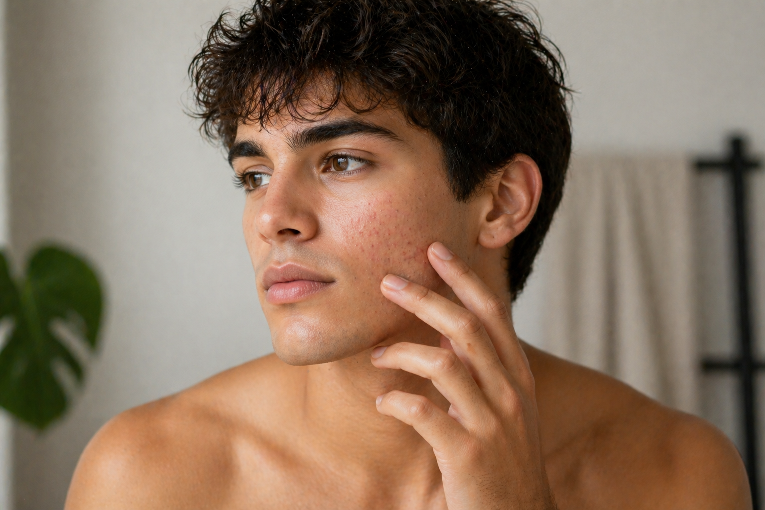 Dark haired male with acne prone skin and hand on face.
