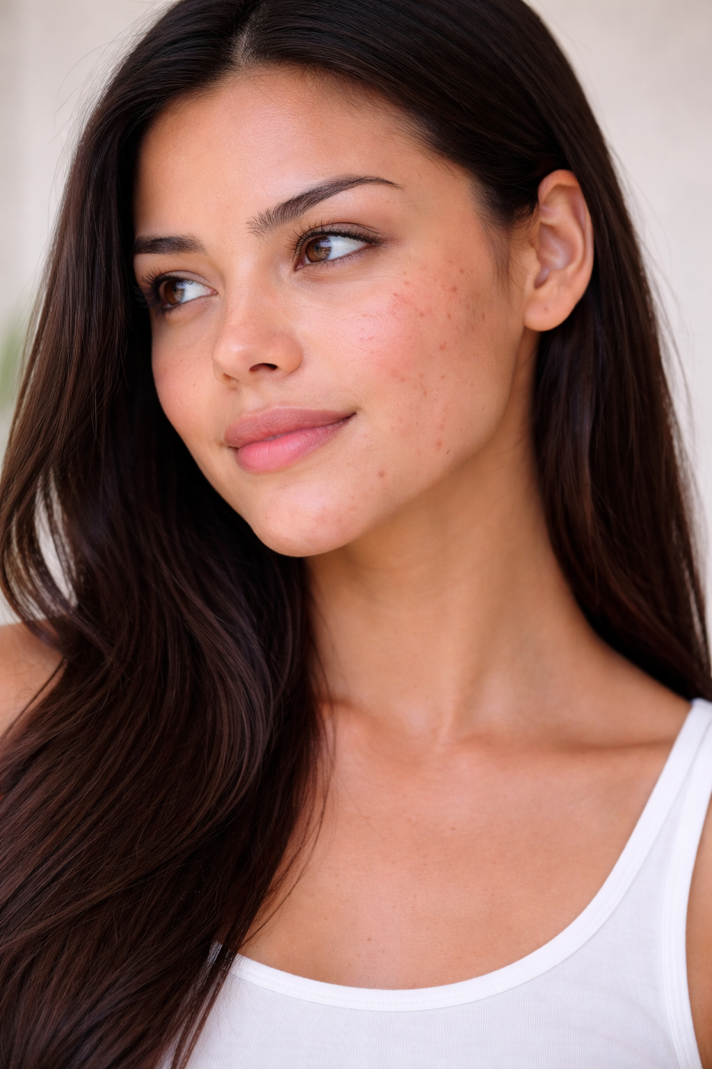 Woman with dark hair and acne prone skin