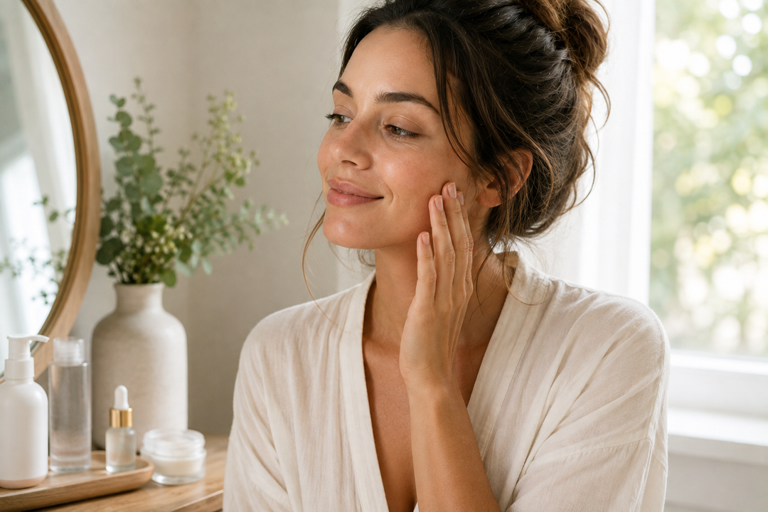 Woman in robe with hand on face applying daytime skincare