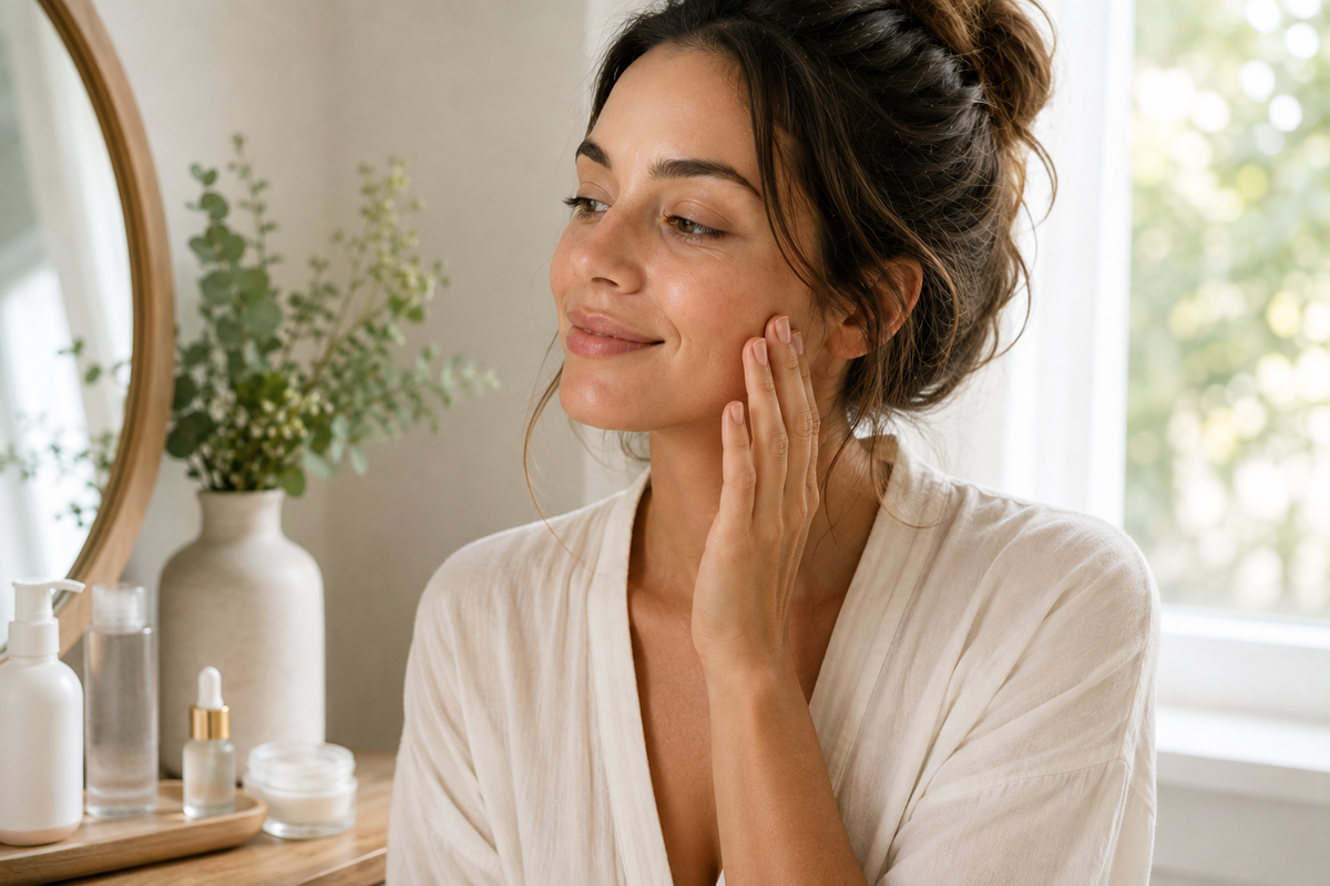 Woman in robe with hand on face applying daytime skincare