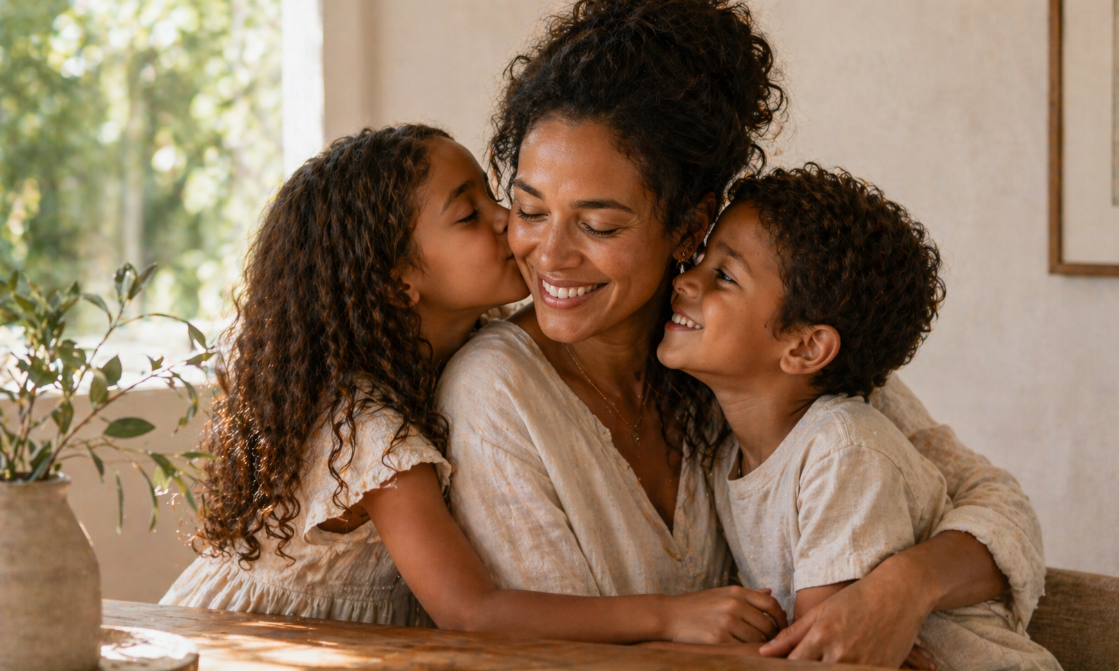 Mother with her two children embracing her in a hug