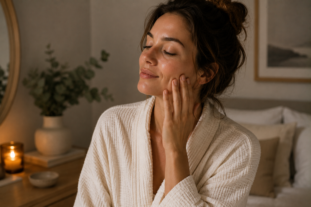 Woman in bathrobe taking care of her skin in the evening