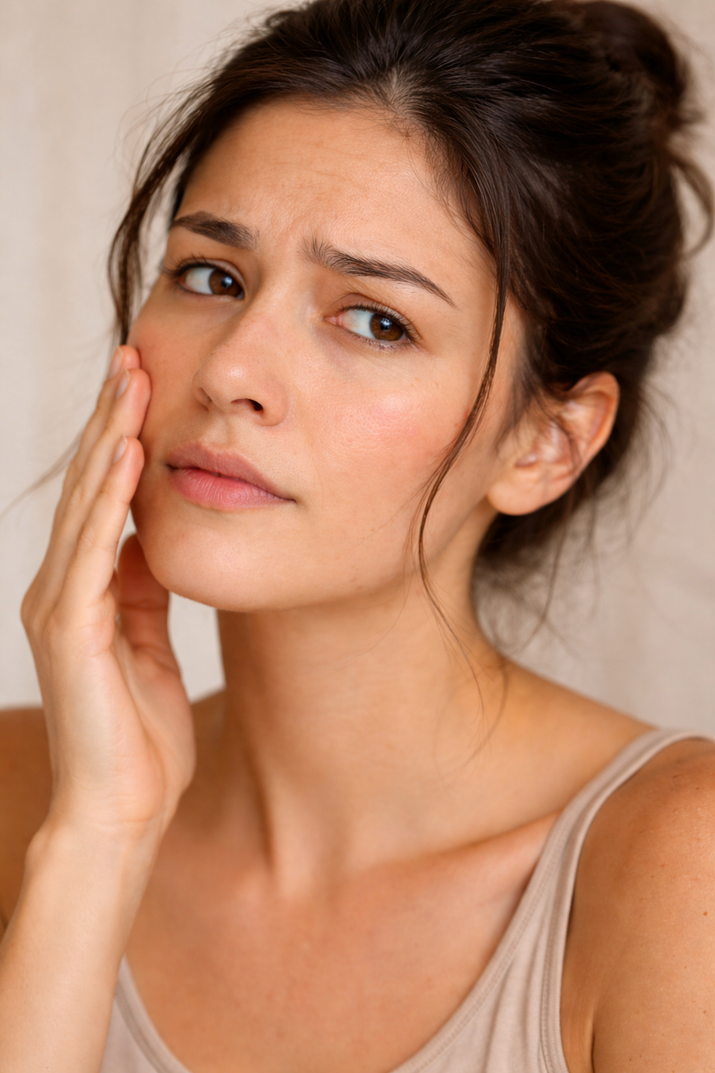 Brunette Woman With Normal Skin looking worried