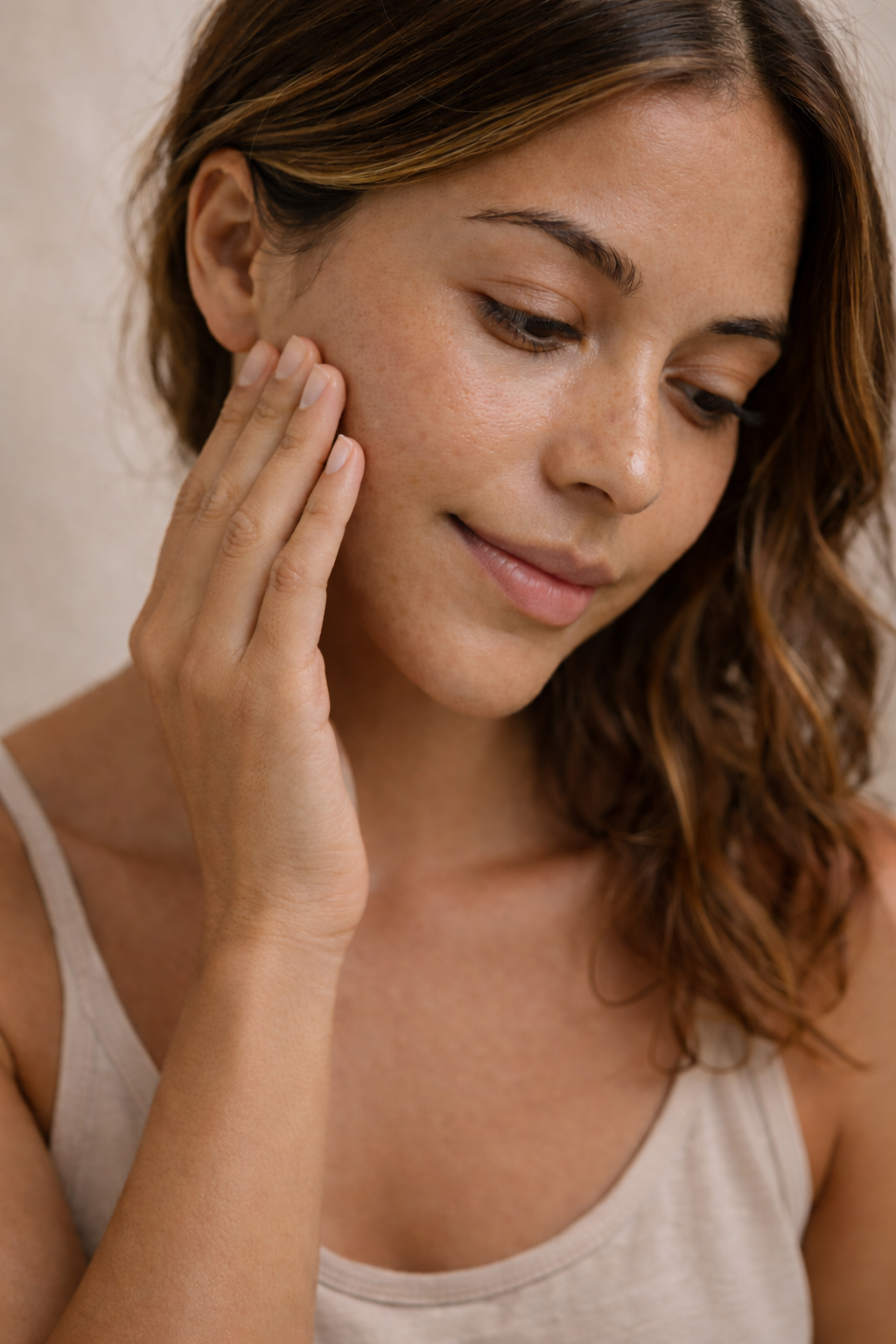 Woman with balanced, normal skin looking down, with hand on face.