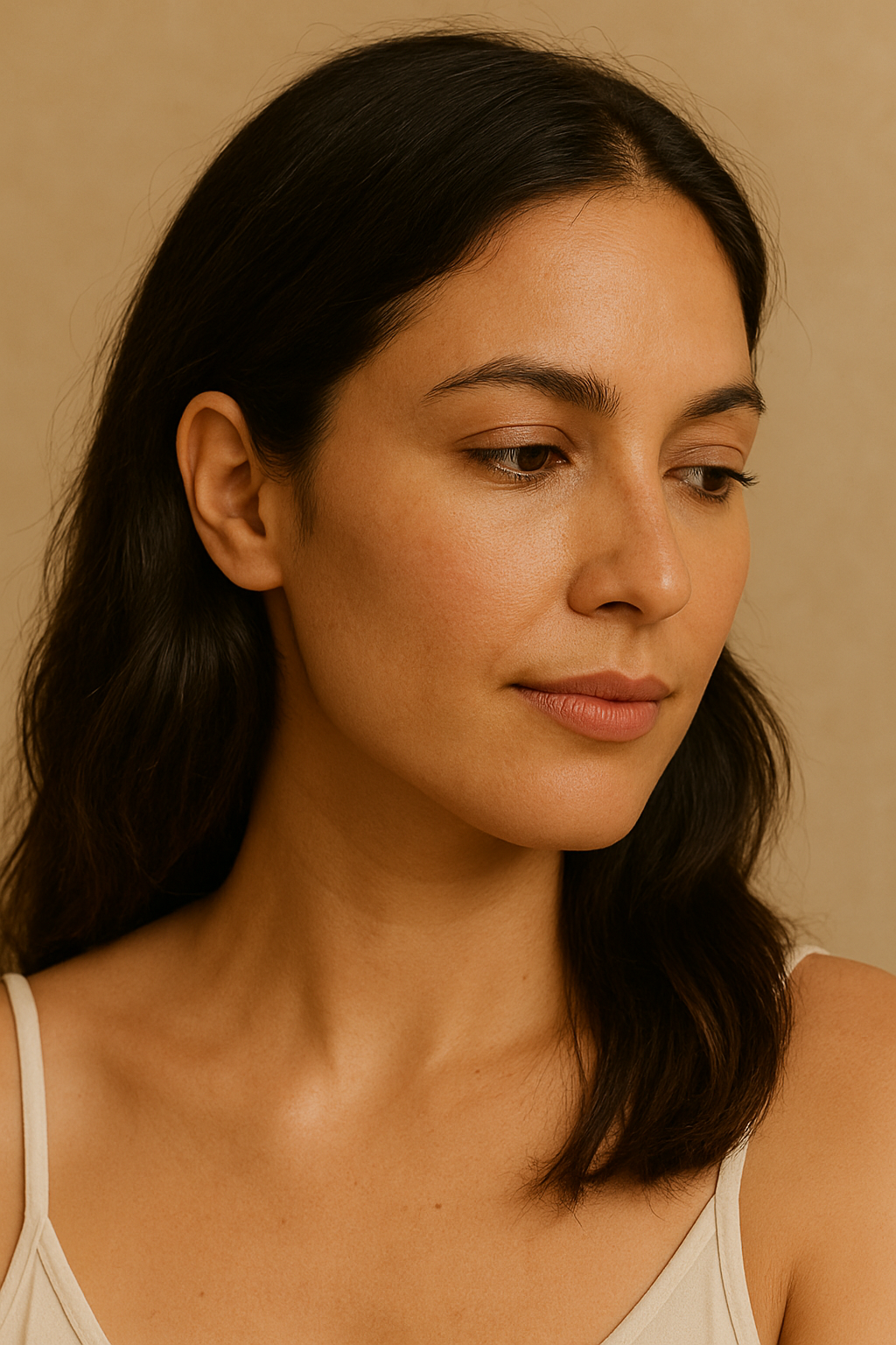 Woman with normal skin looking away from camera.