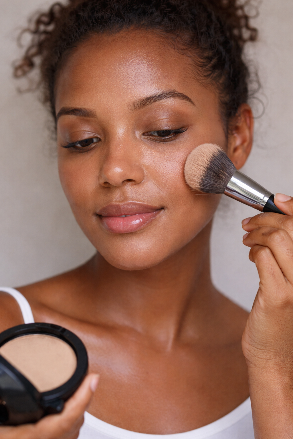 Woman with oily skin applying powder to her face