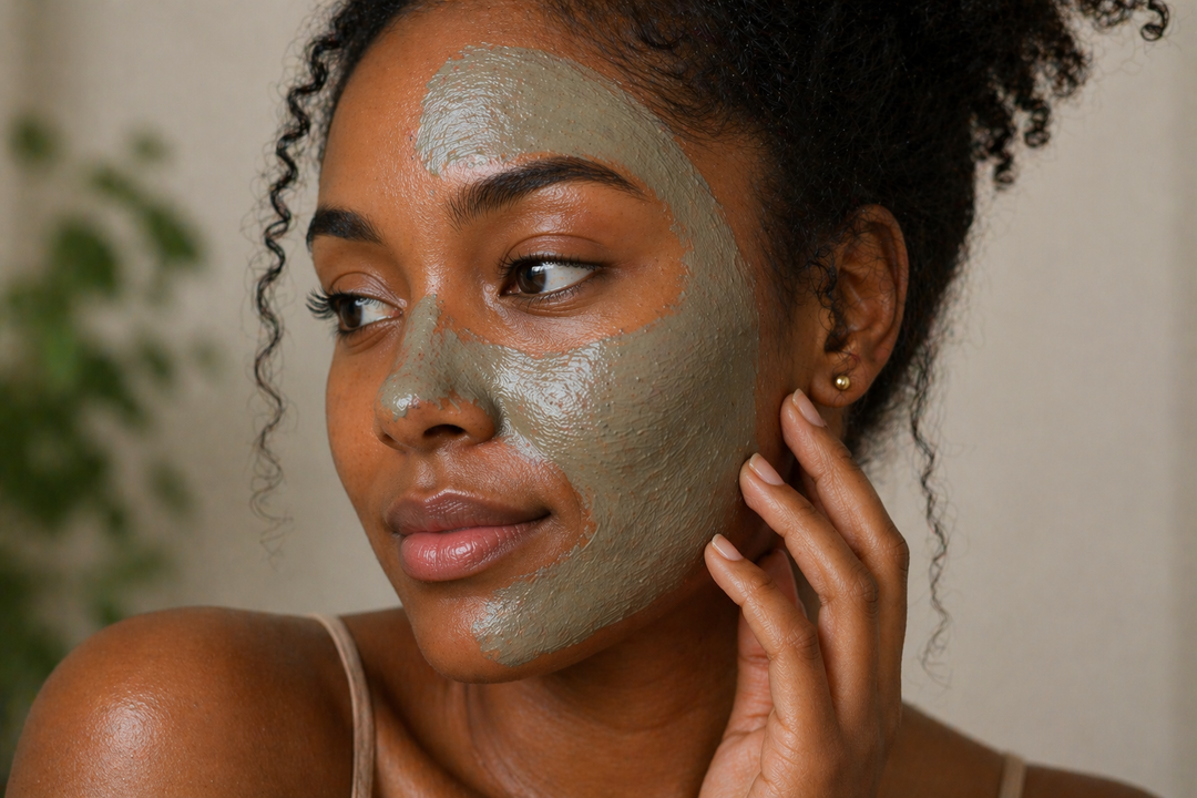 Woman with face mask on half of her face