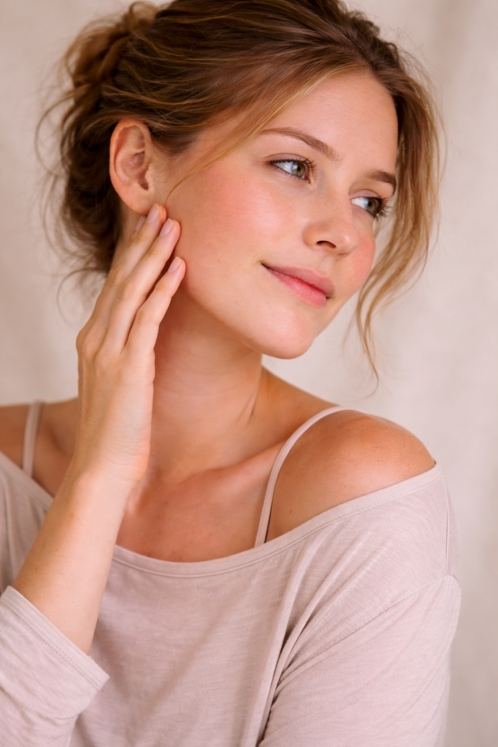Woman with oily skin, hand on face