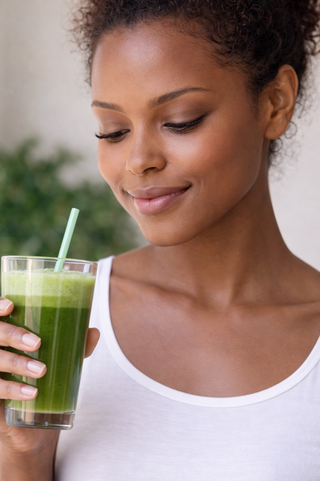 Woman with Oily Skin drinking green juice with straw
