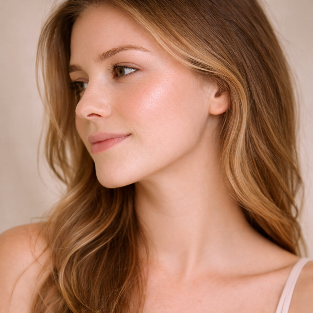 Woman with oily skin, hair down, looking away.