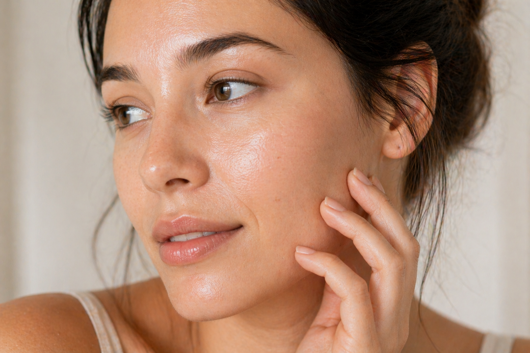 Woman with dark hair, oily skin looking away