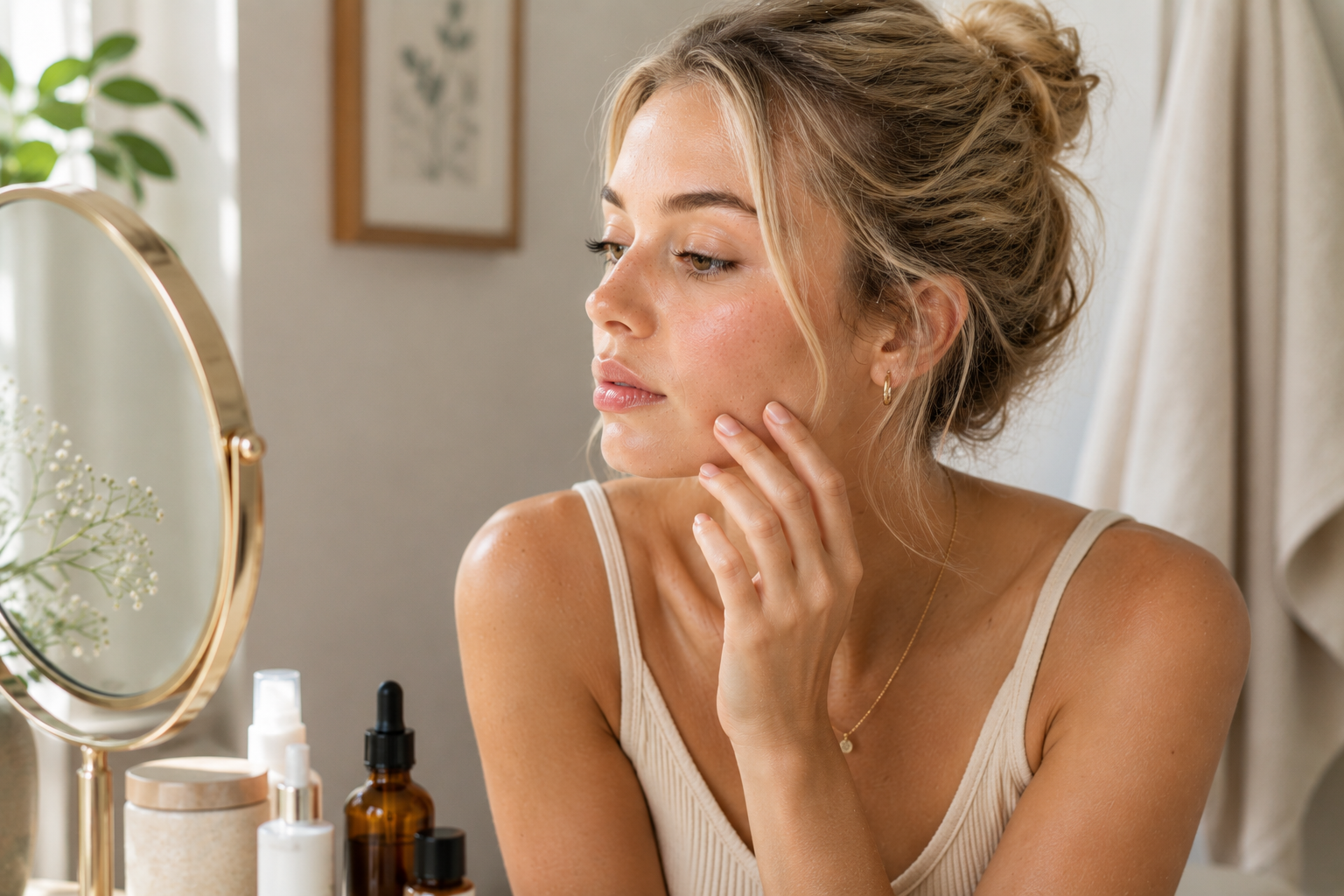 Woman with blond hair and hand on face examining her skin in a mirror.