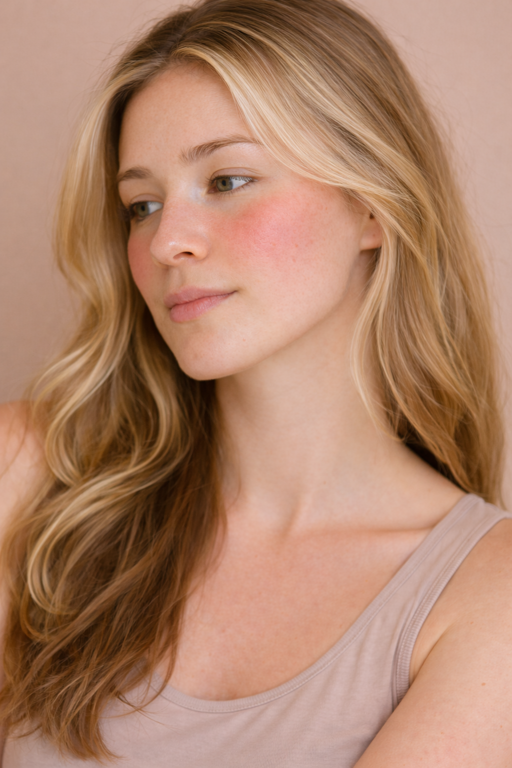 Blond woman with fair skin with flushed cheeks