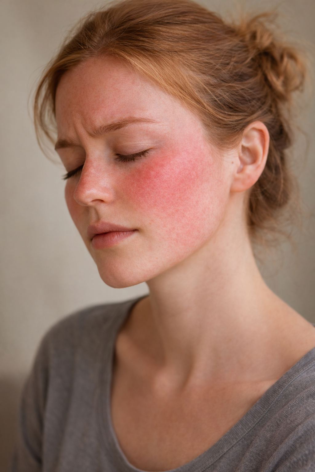 Woman with very red cheeks with eyes closed.