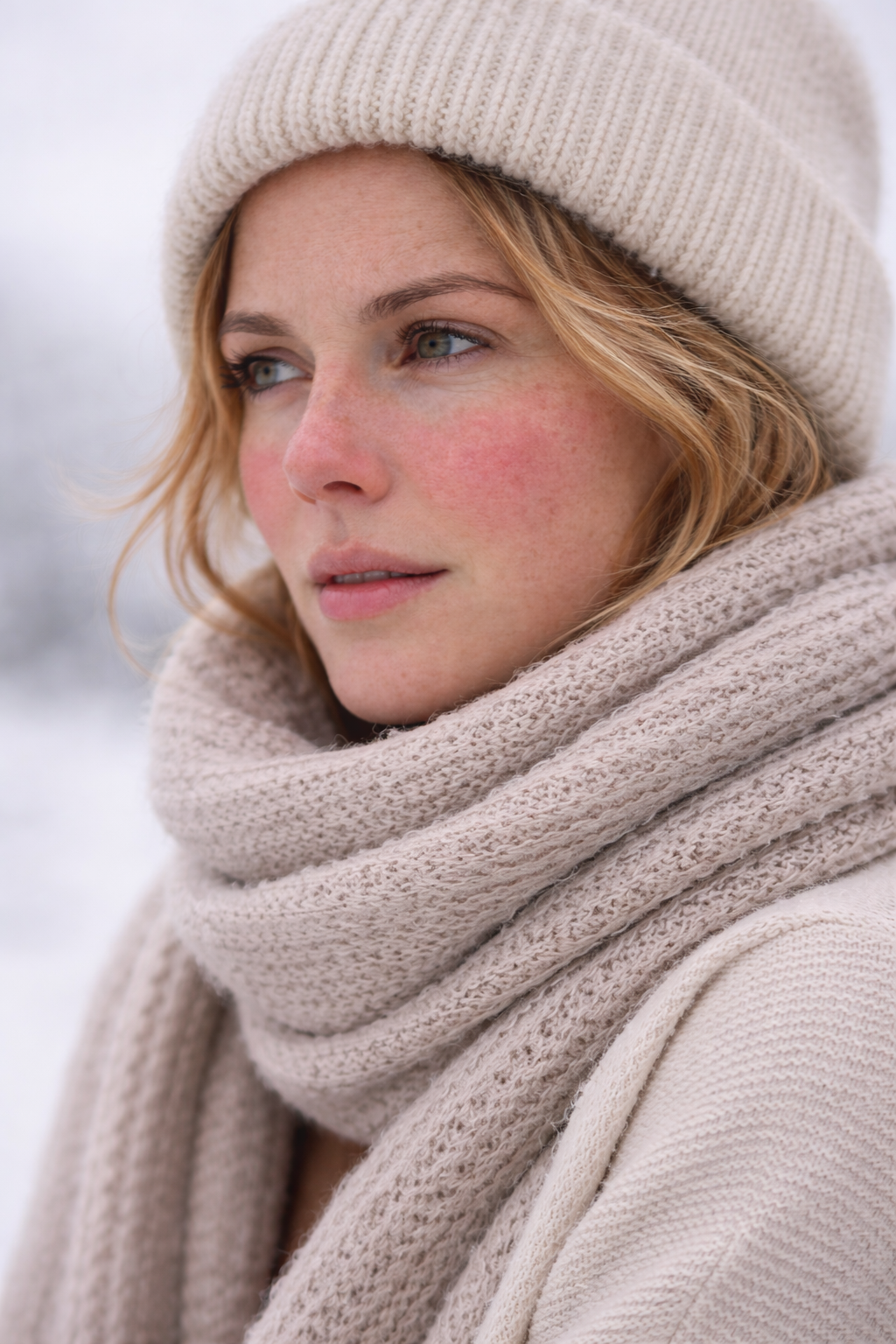 Woman outside bundled up with red skin